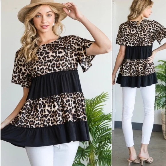 Animal leopard print babydoll ruffle sleeve top - Picture 3 of 3
